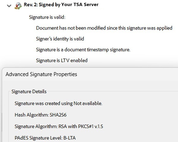 Adobe Acrobat validating a document timestamp signature issued by a TSA: signature valid, document unmodified, LTV enabled, PAdES B-LTA level