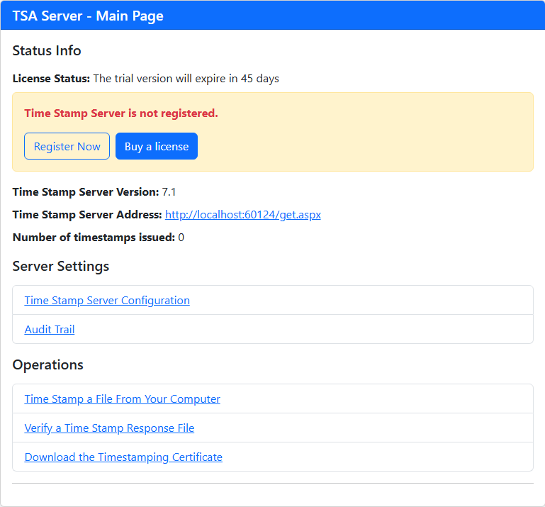 The main page of TSA Server after the first start