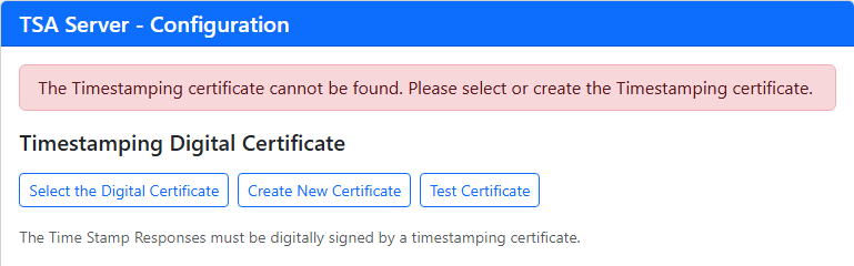 Configuration page without a time stamping certificate
