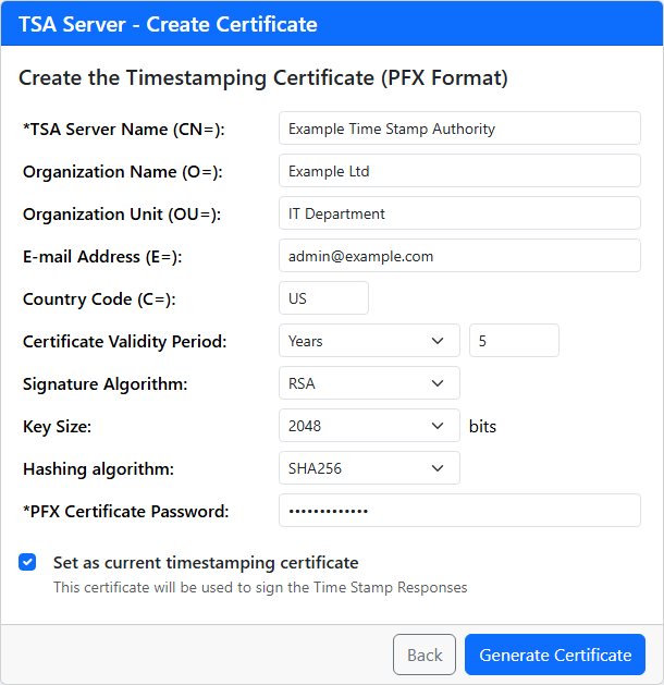 The page that creates the time stamping certificate