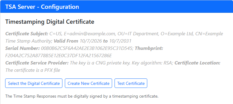 The certificate area of the configuration page