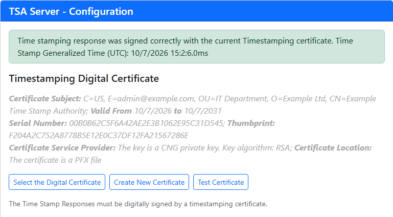 The result of the test of the certificate