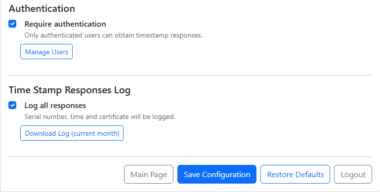 The authentication and log options and the buttons at the bottom