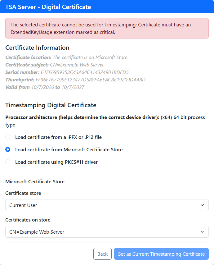 A certificate that cannot be used for time stamping
