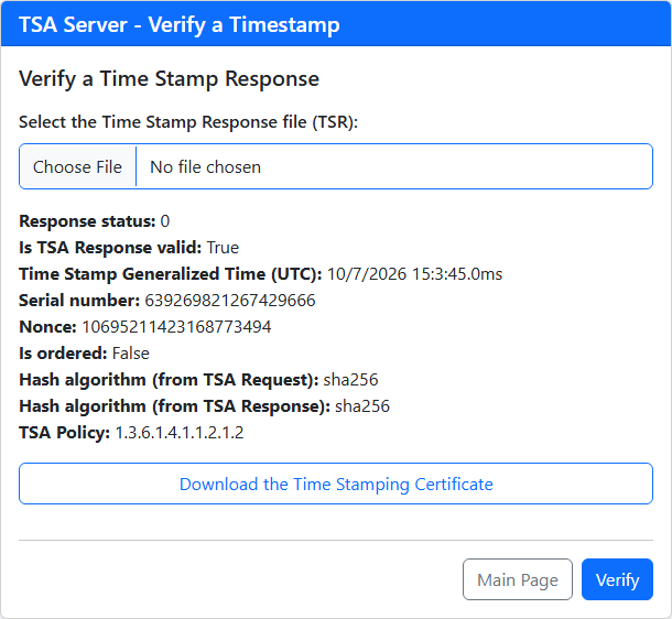 The result of the verification of a time stamp file