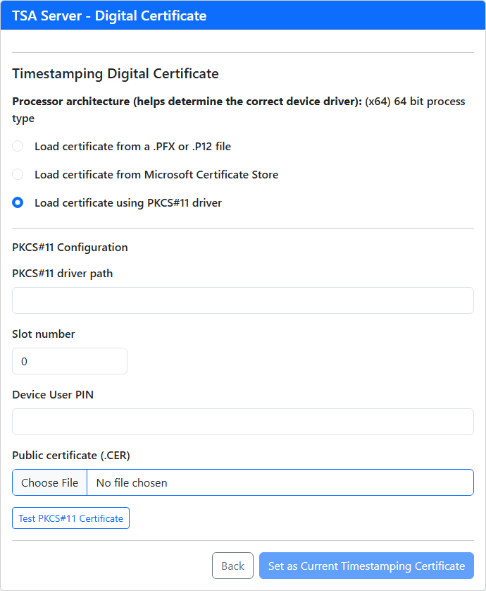 The PKCS#11 area of the certificate selection page