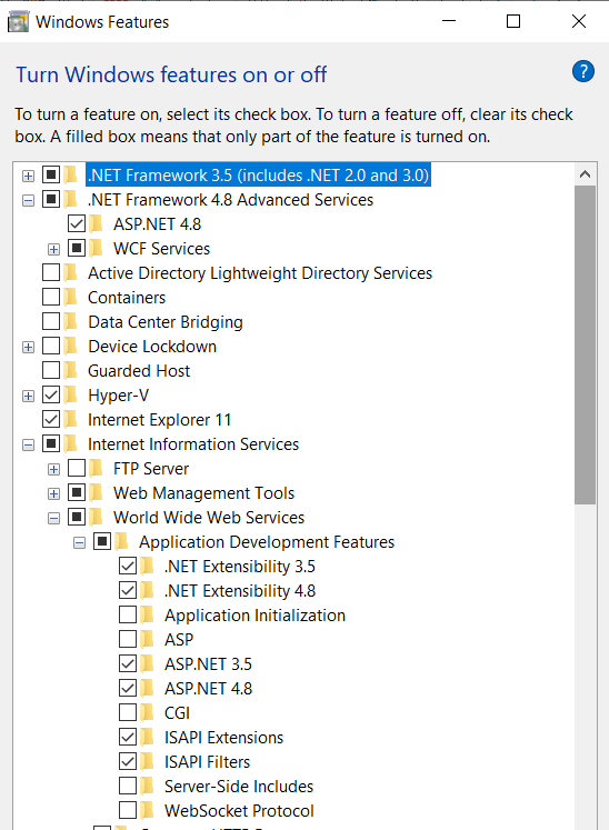 Windows Features: ASP.NET 4.8 selected under Internet Information Services