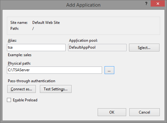 Add Application window with alias tsa and physical path C:\TSAServer