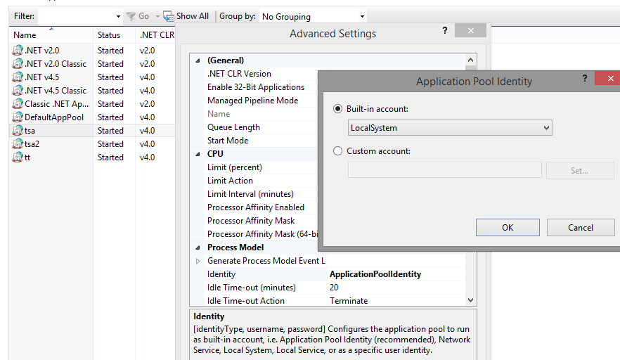Application Pool Identity window with the built-in accounts