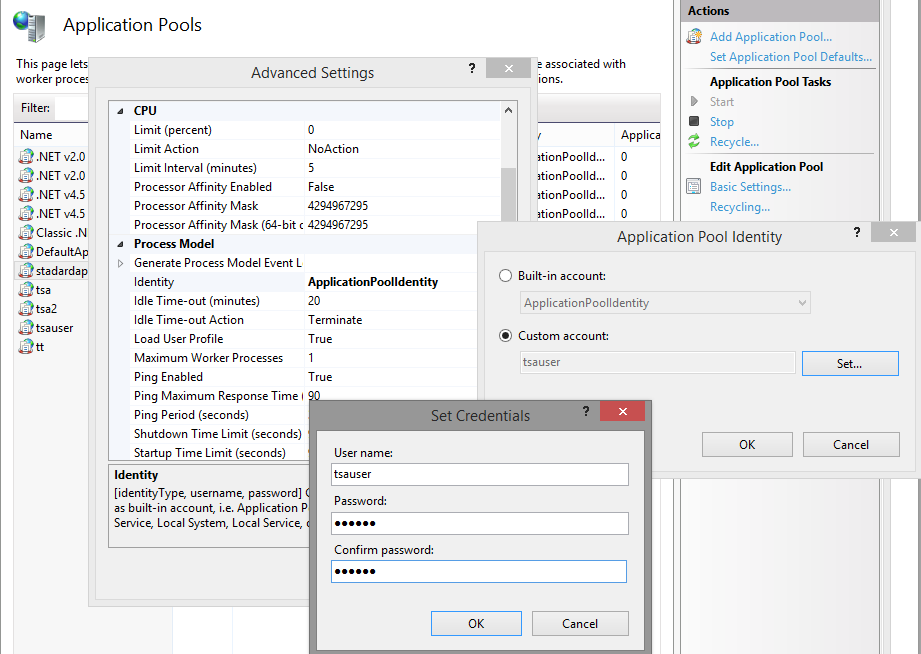 Advanced settings of the application pool with a custom account