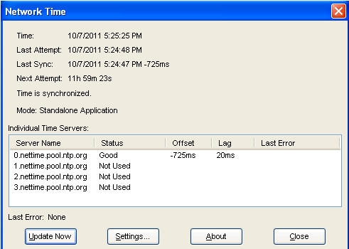 A time synchronization application showing that the time is synchronized