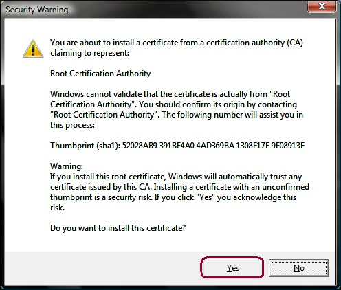 Windows security warning for the installation of a root certificate